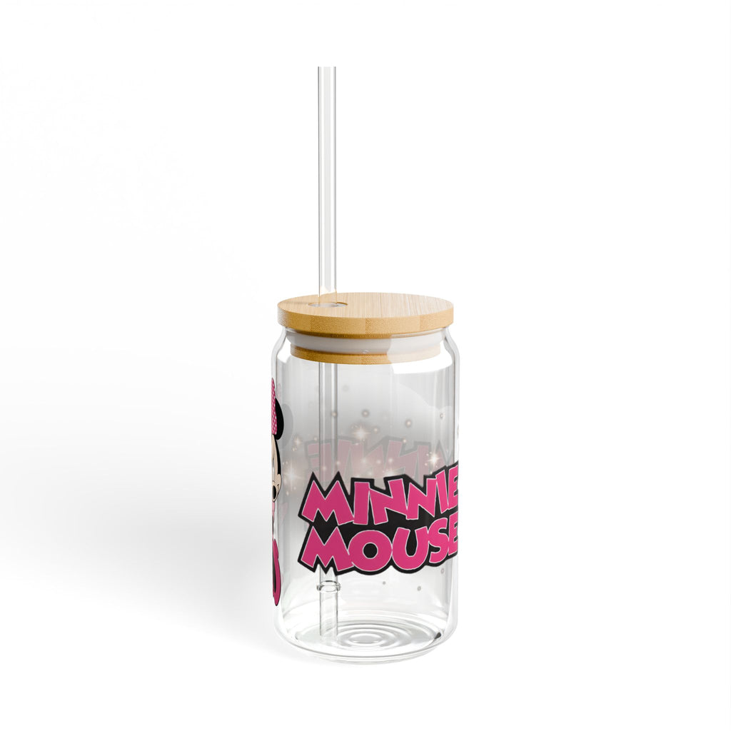 Minnie Mouse 16oz Sipper Glass with Bamboo Lid & Straw - Disney Pink Cartoon Drink Tumbler
