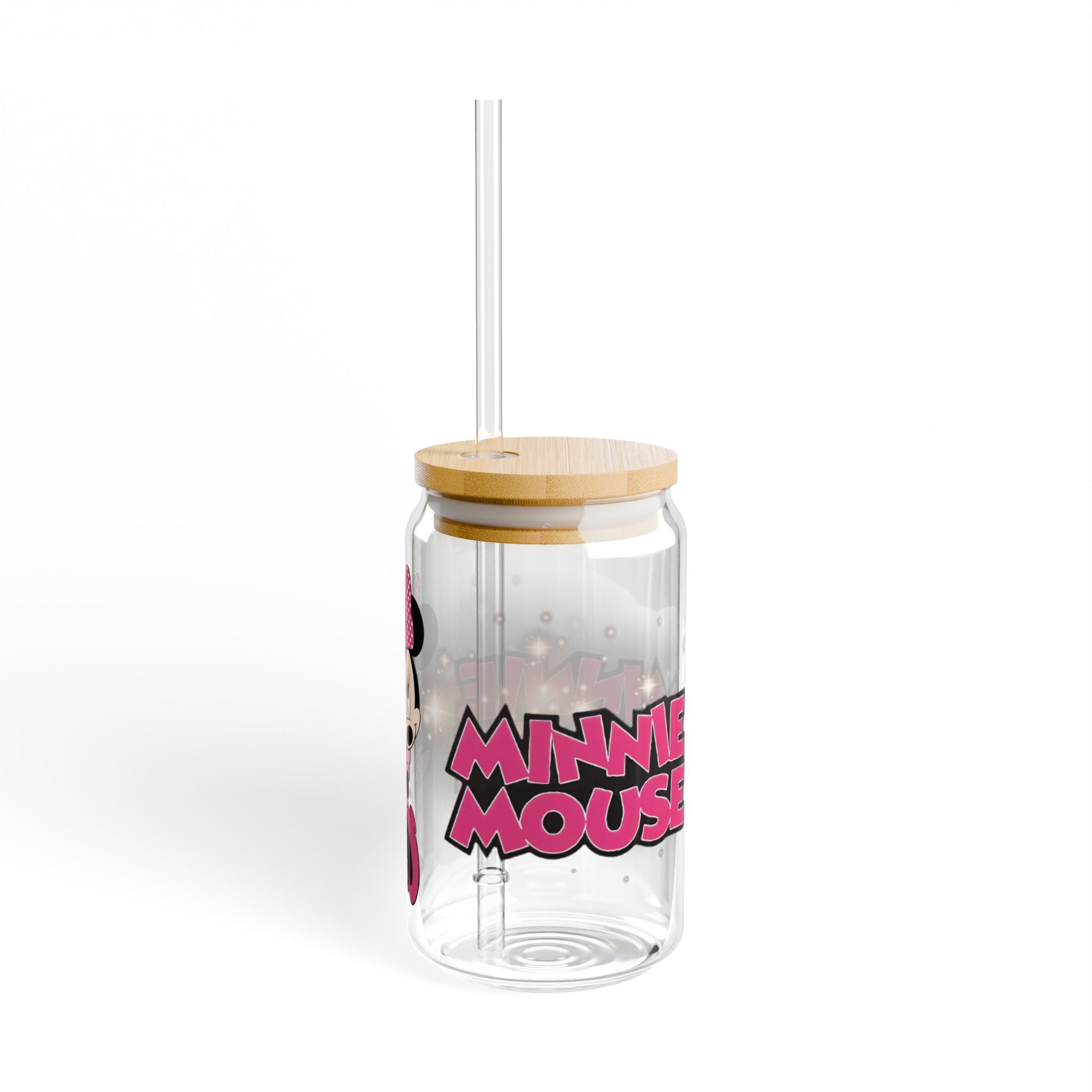 Minnie Mouse 16oz Sipper Glass with Bamboo Lid & Straw - Disney Pink Cartoon Drink Tumbler