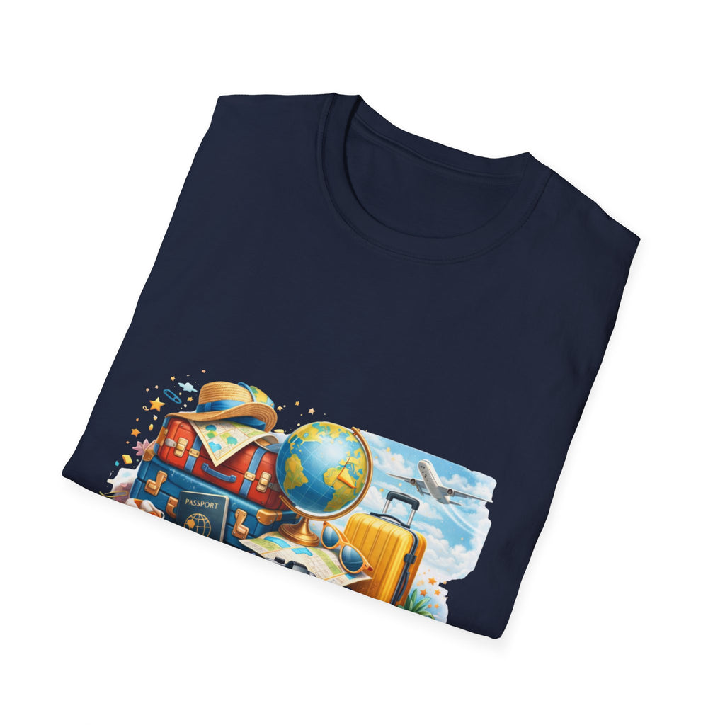 Travel Vibes T-Shirt — Retro Luggage, Globe & Camera Design