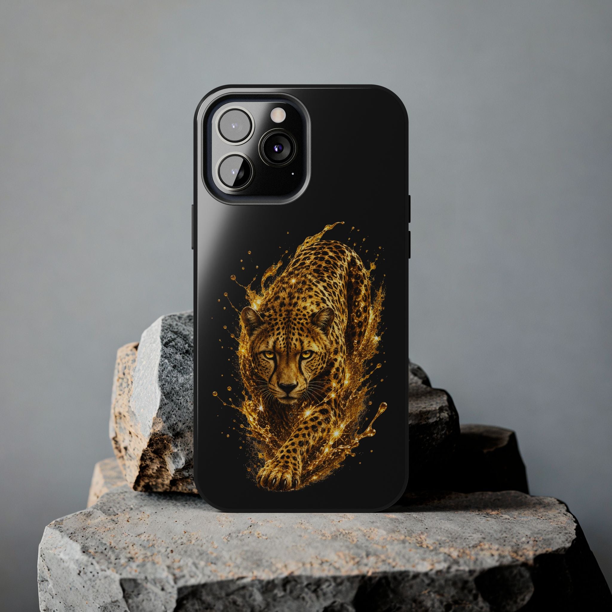 Golden Cheetah Tough Phone Case — Fierce Splash Design, Protective iPhone Cover
