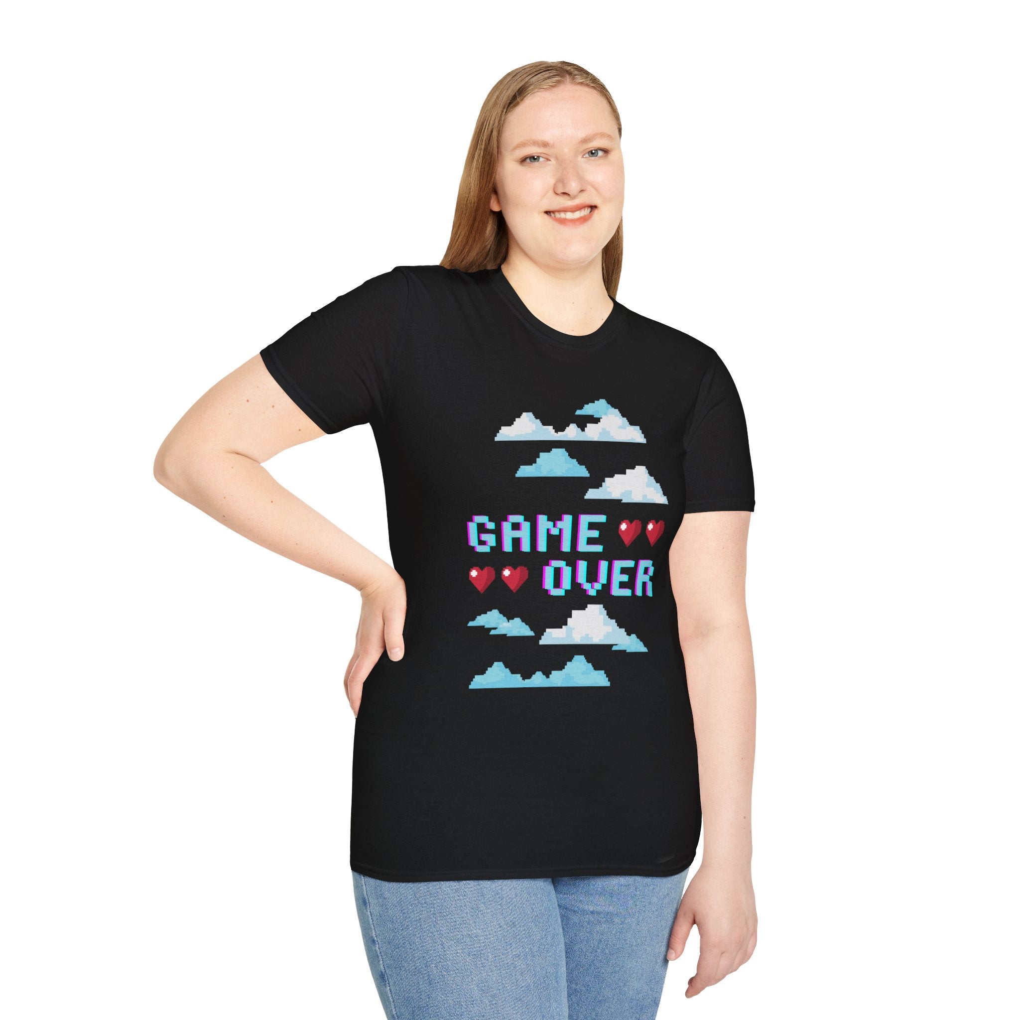 Game Over Pixel Clouds T-Shirt — Retro Gamer Tee with Hearts