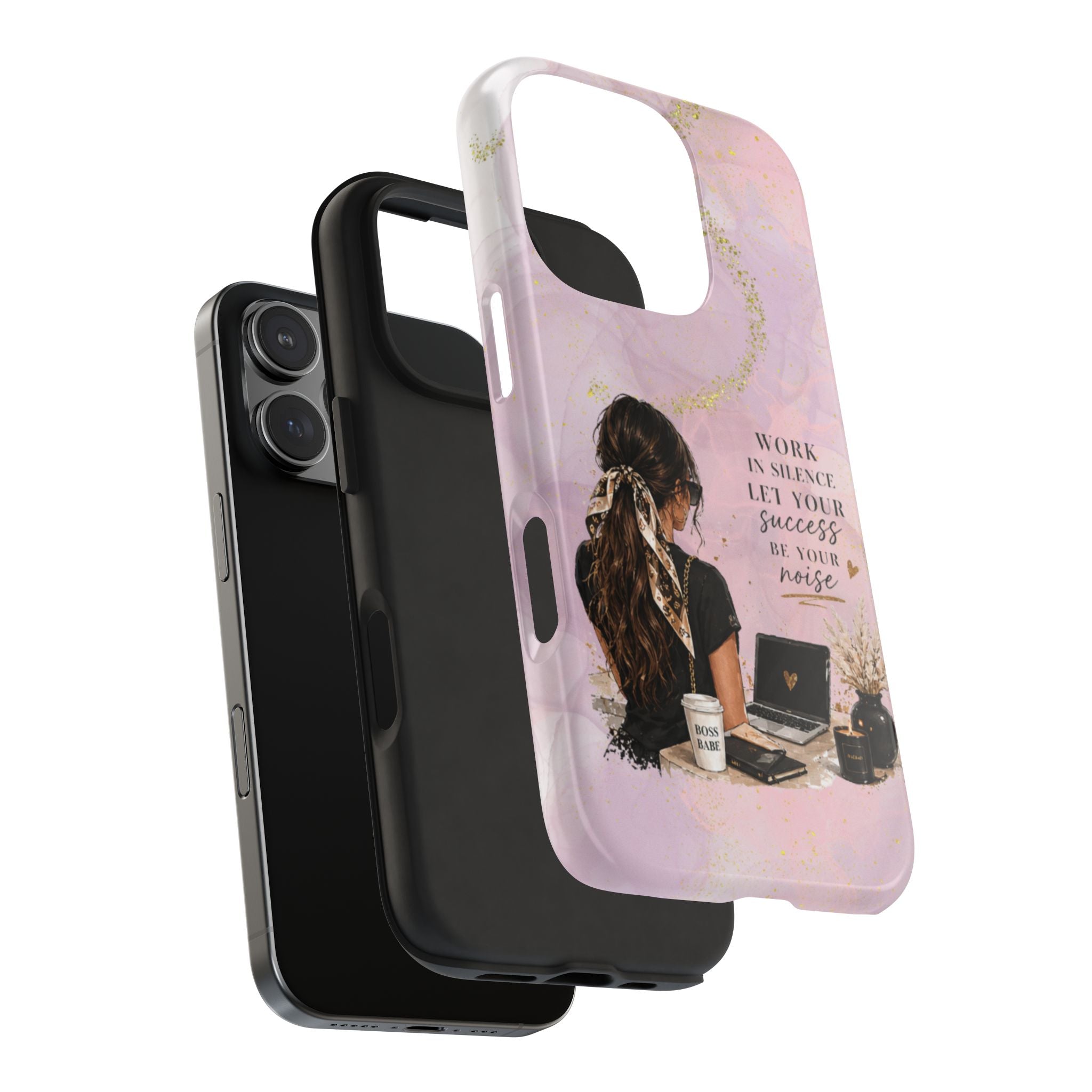 Inspirational Pink Work Desk Phone Case — "Work in Silence, Let Your Success Be Your Noise"