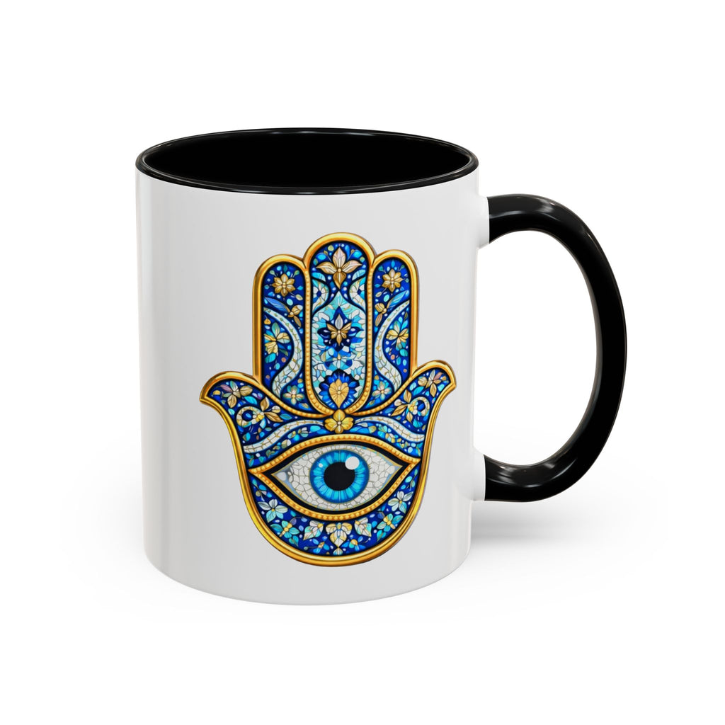 Hamsa Hand Accent Coffee Mug – Blue Protective Evil Eye Ceramic Mug (11/15oz)