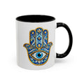 Hamsa Hand Accent Coffee Mug – Blue Protective Evil Eye Ceramic Mug (11/15oz)