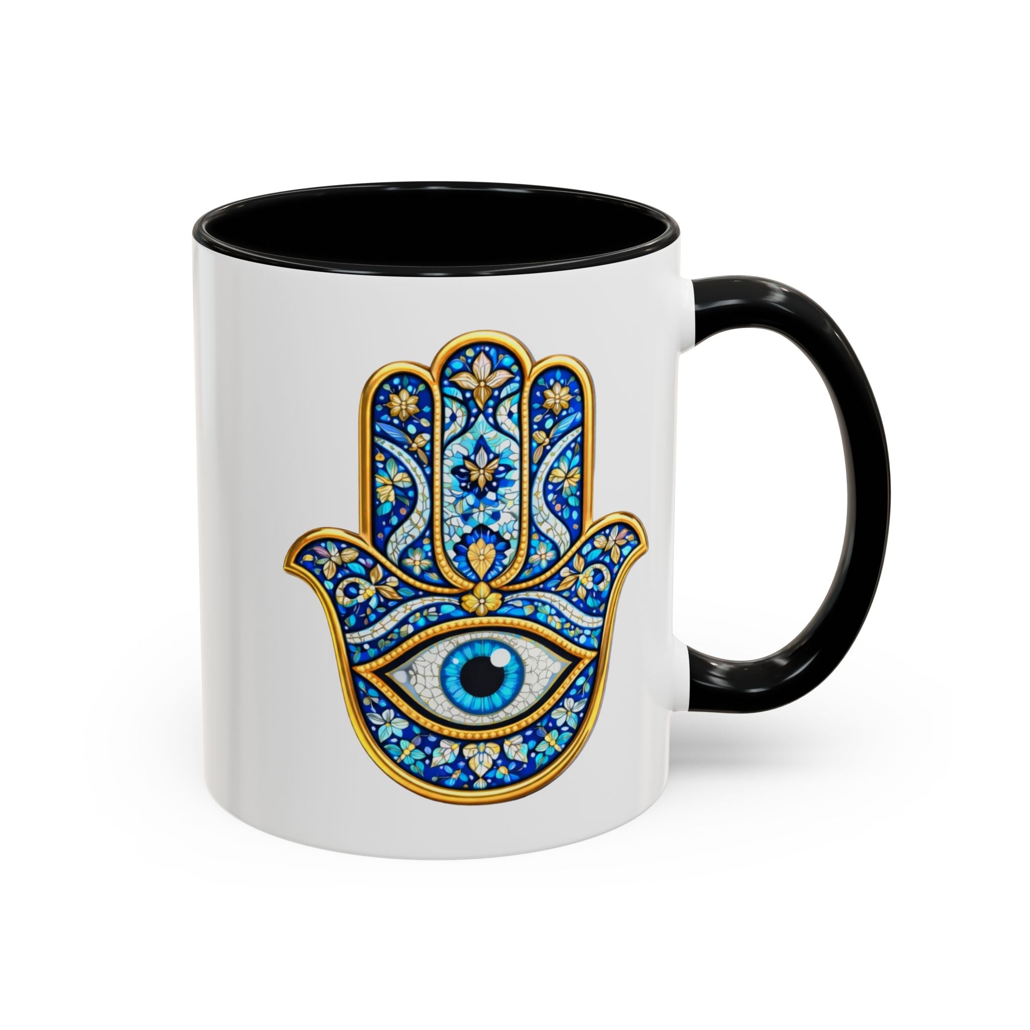 Hamsa Hand Accent Coffee Mug – Blue Protective Evil Eye Ceramic Mug (11/15oz)