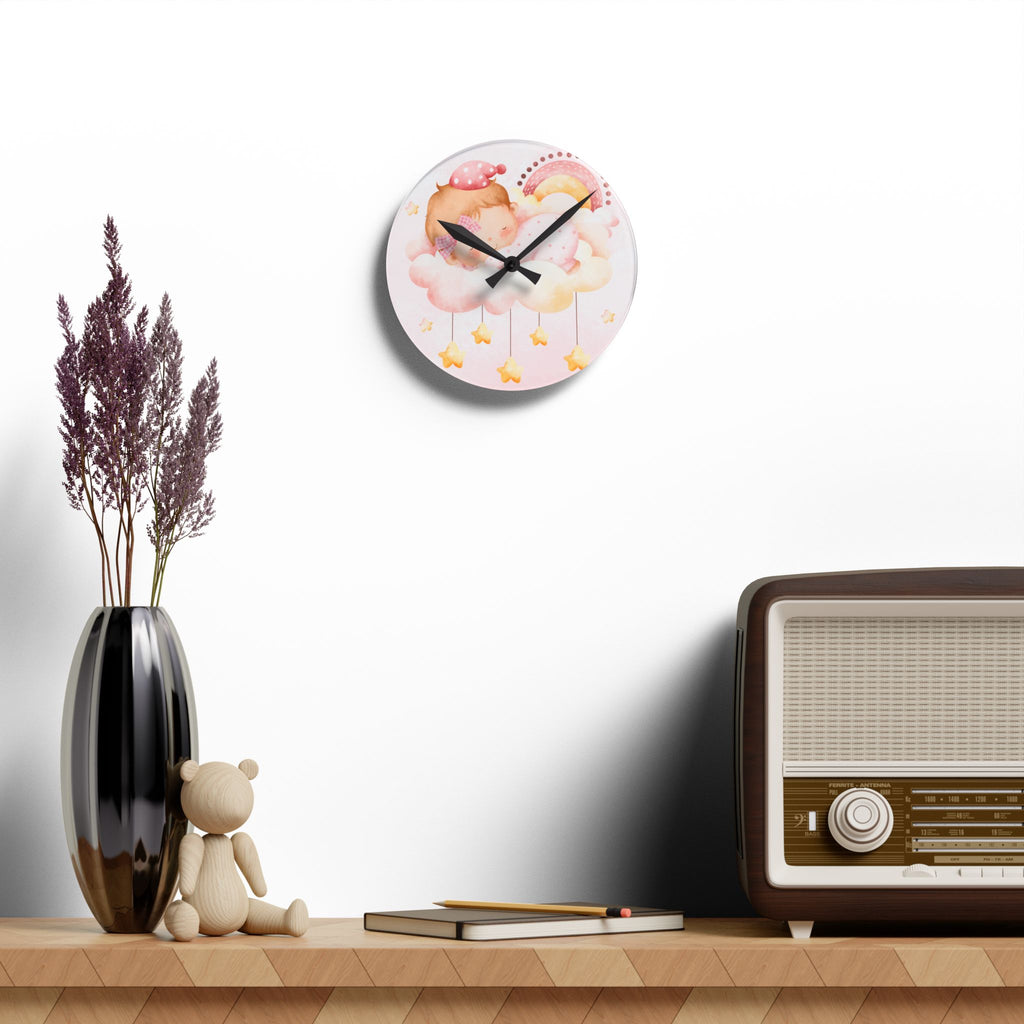 Acrylic Wall Clock - Dreamy Baby Nursery Clock with Sleeping Baby, Clouds & Stars