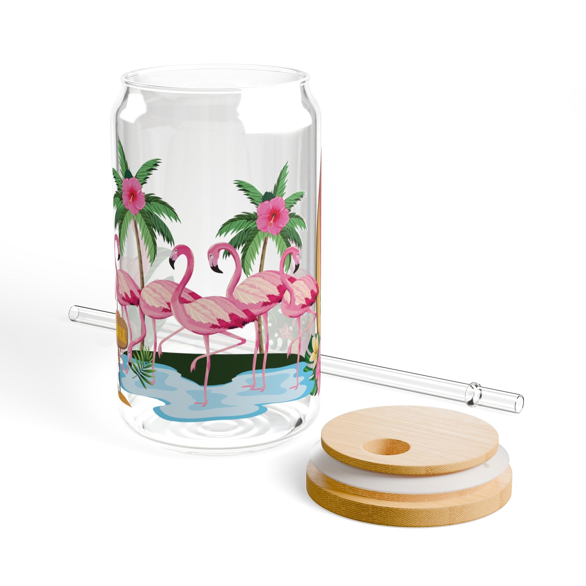 Flamingo Beach Sipper Glass — 16oz Tropical Drink Jar with Straw
