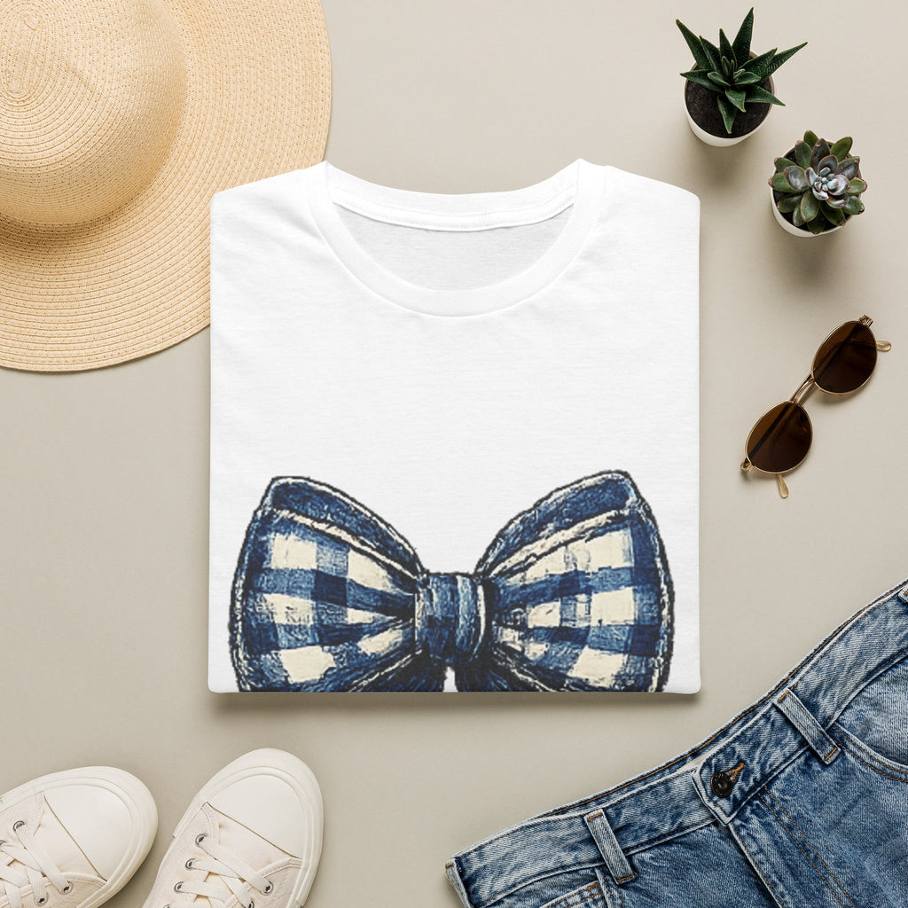 Bow Graphic T-Shirt — Blue Plaid Bow Design
