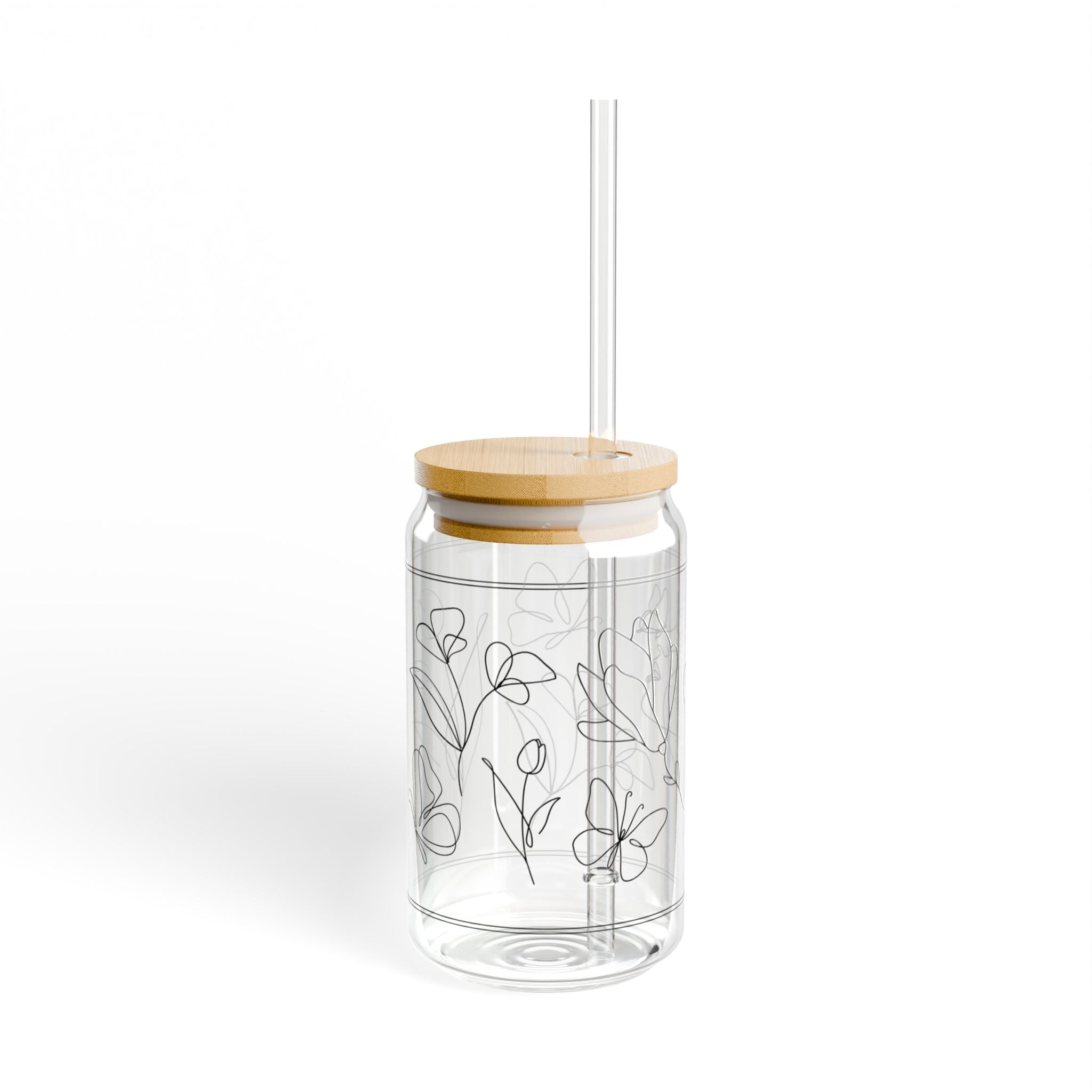 Floral Outline Sipper Glass - 16oz Bamboo Lid & Straw
