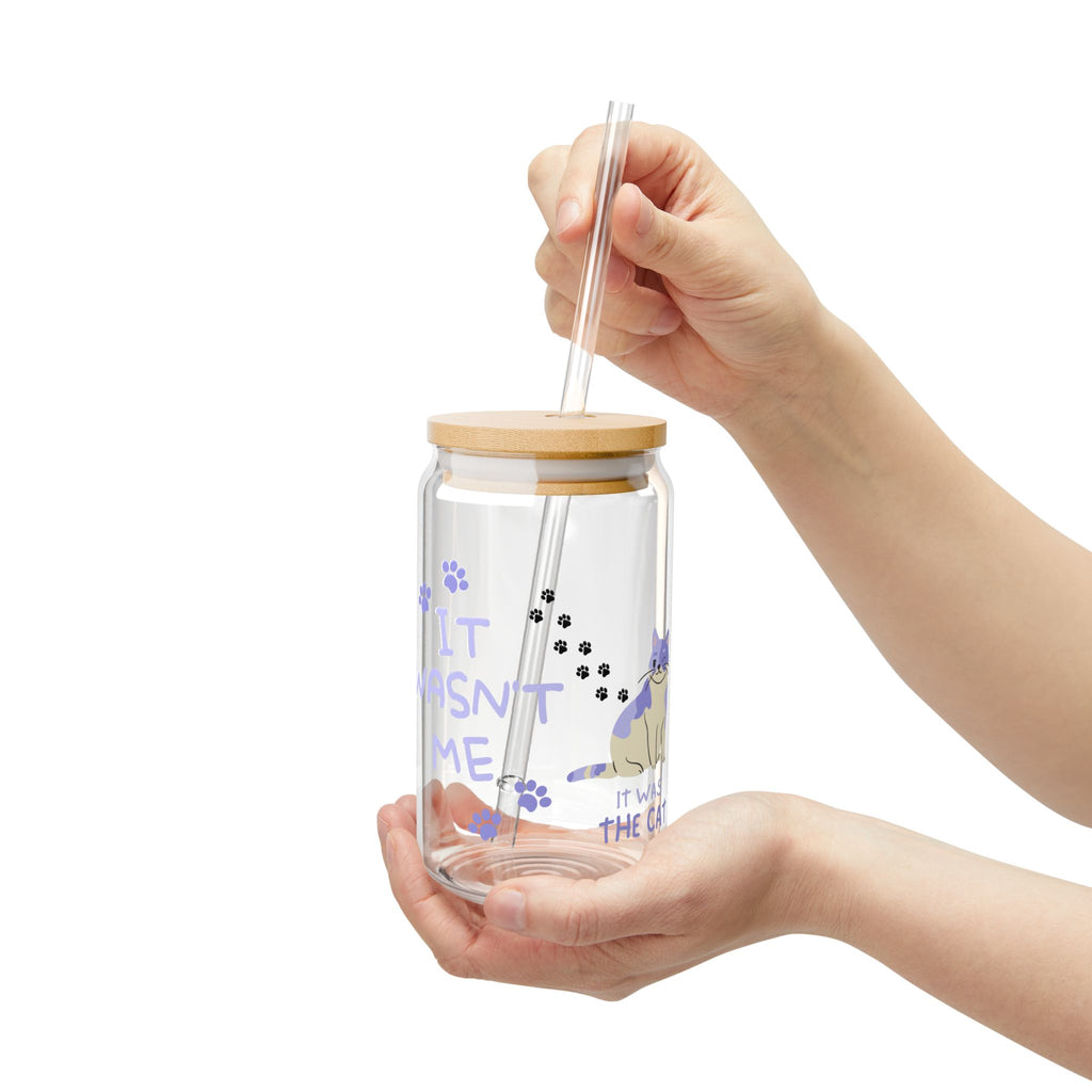 16oz Glass Sipper with Bamboo Lid — Funny Cat Paw Design: "It Wasn’t Me"