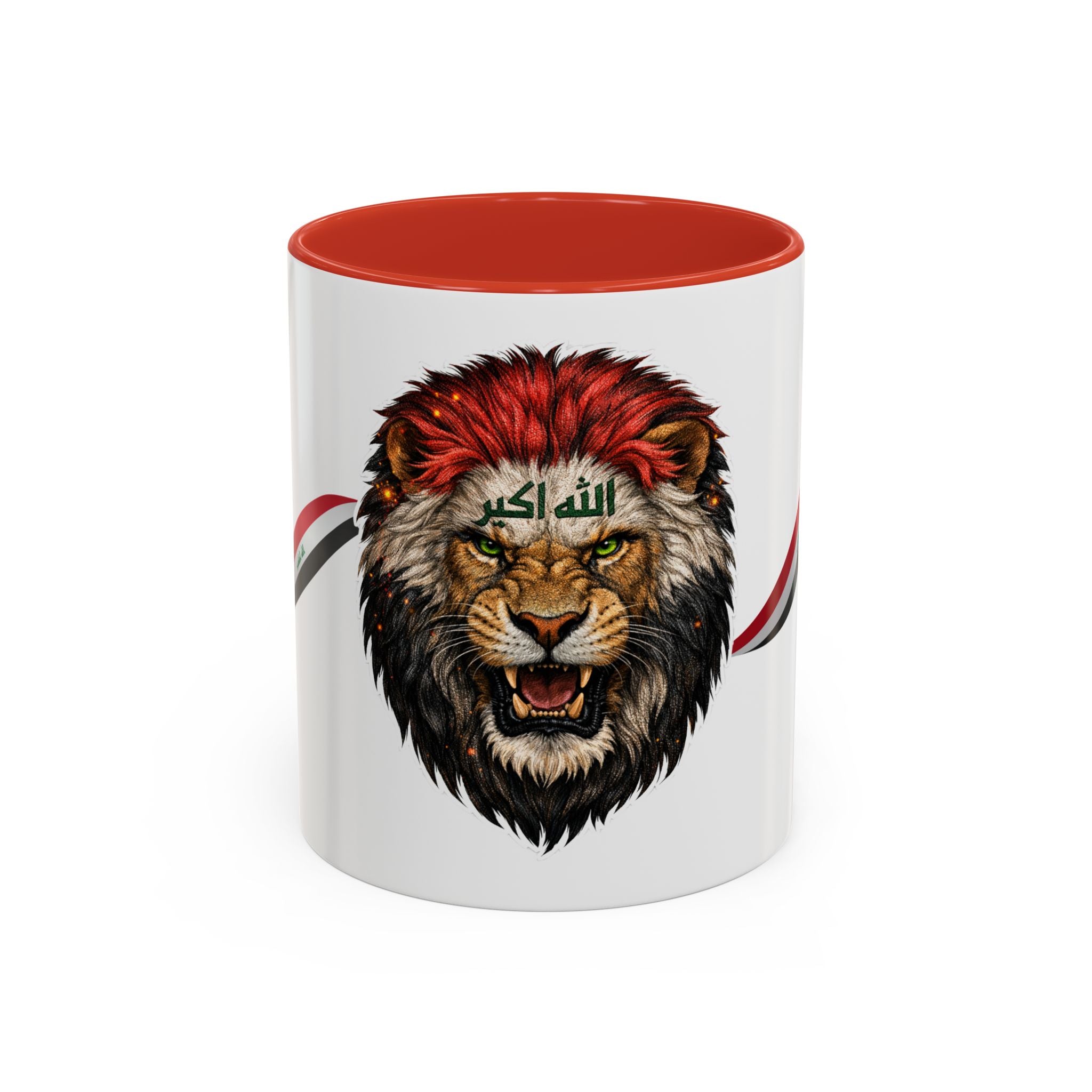 Iraq Lion Head Accent Coffee Mug with Arabic Script and Flag Ribbon – Patriotic Iraq Gift (11/15oz)