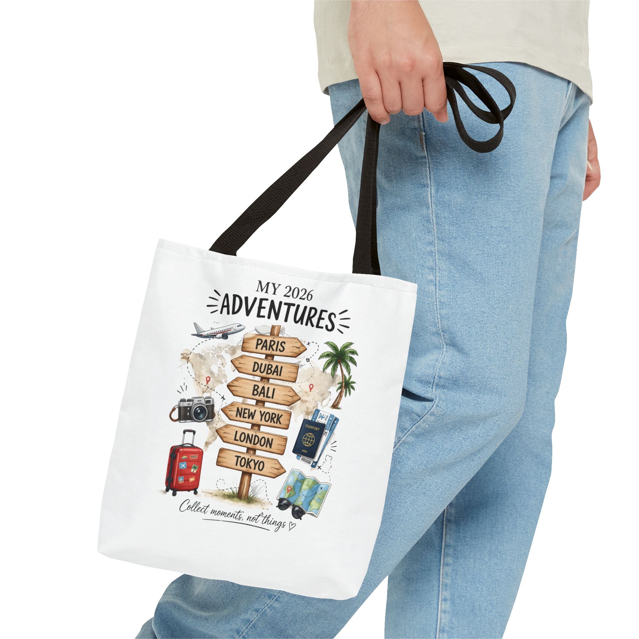 2026 Travel Adventures Tote Bag — 'My 2026 Adventures' World Cities Signpost Design