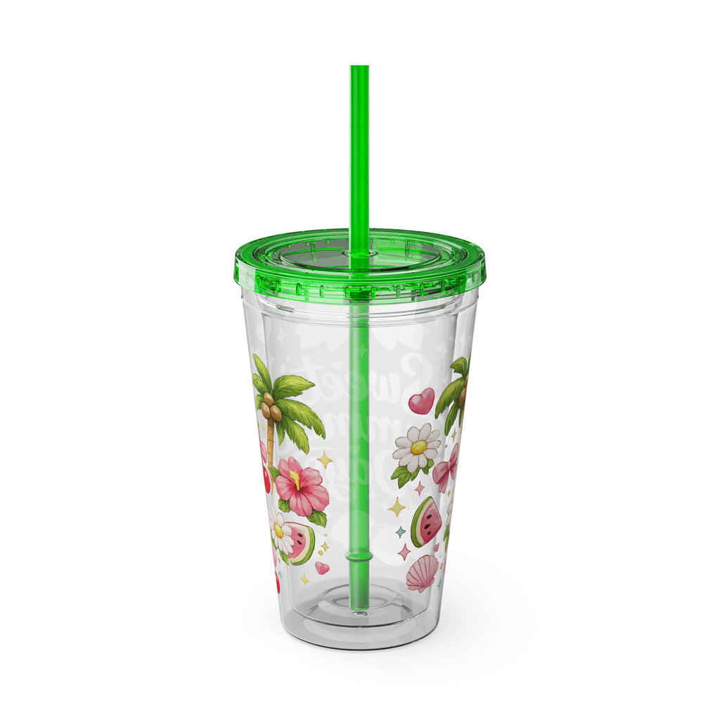 Sweet Summer Days Tumbler — 16oz Clear Straw Cup with Tropical Fruits & Bow Design