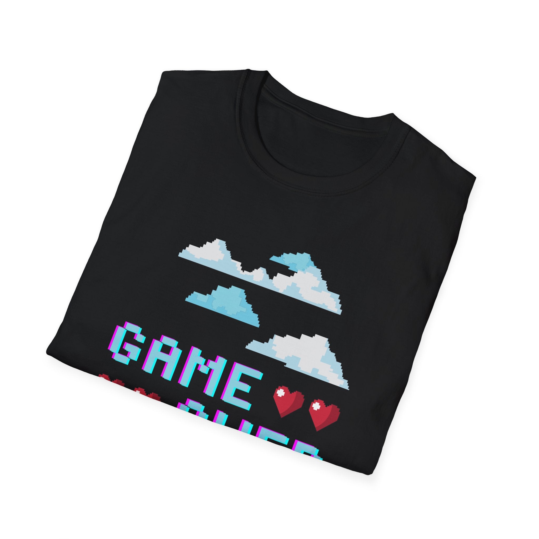 Game Over Pixel Clouds T-Shirt — Retro Gamer Tee with Hearts