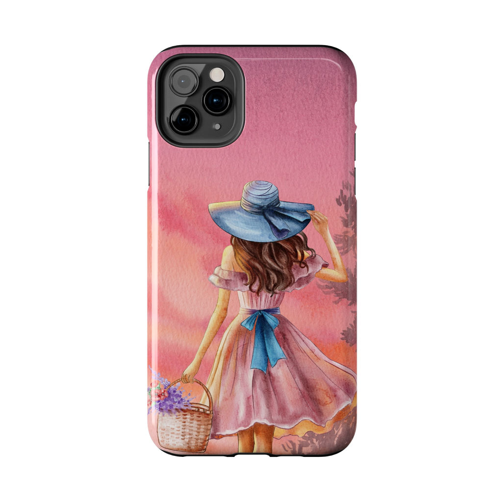 Pastel Picnic Girl Phone Case — Protective Tough Phone Case with Watercolor Sunset Design