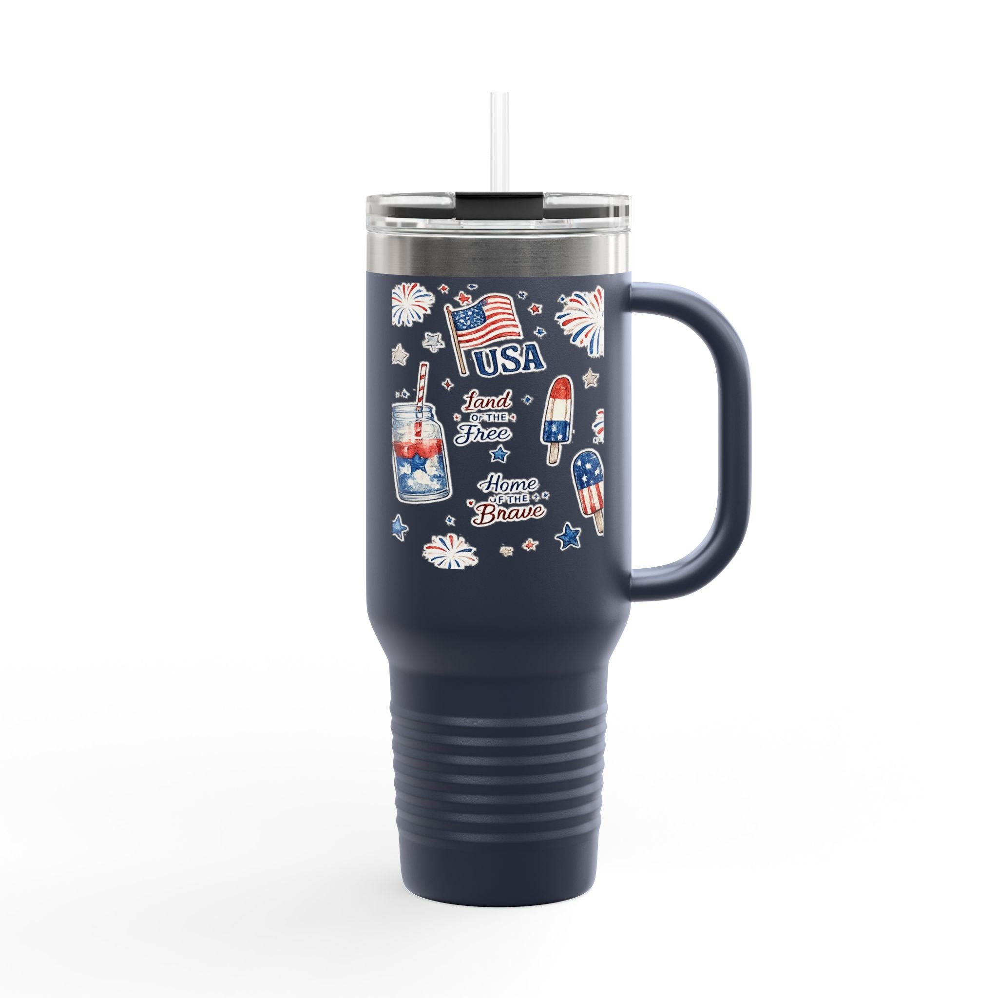 40oz Insulated Travel Mug — Patriotic USA Fourth of July Design (Land of the Free, Home of the Brave)