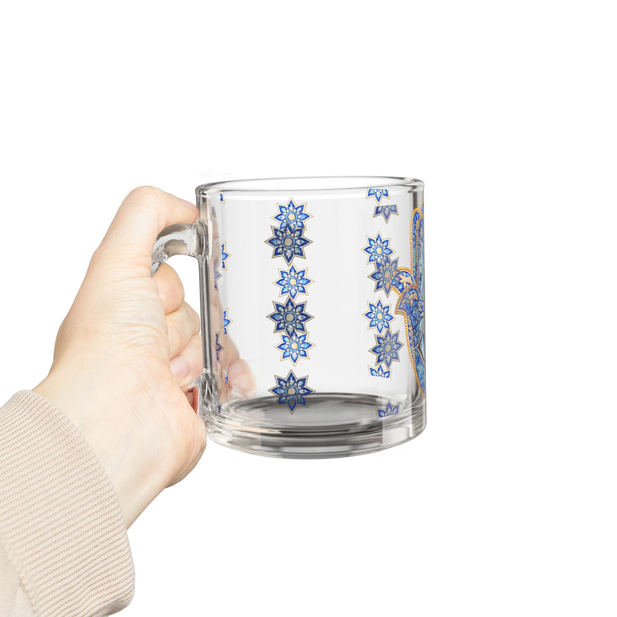 Hamsa Evil Eye Glass Mug — 10oz Blue Mosaic Protection Tea/Coffee Cup