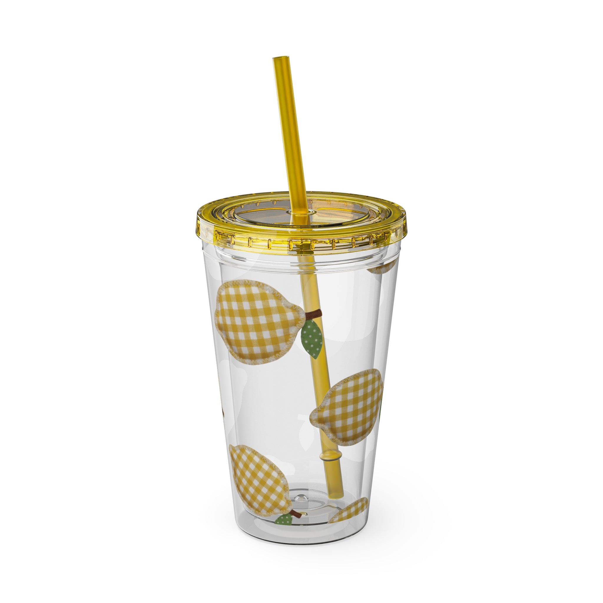 Gingham Pear Sunsplash Tumbler, 16oz Clear Travel Cup with Straw