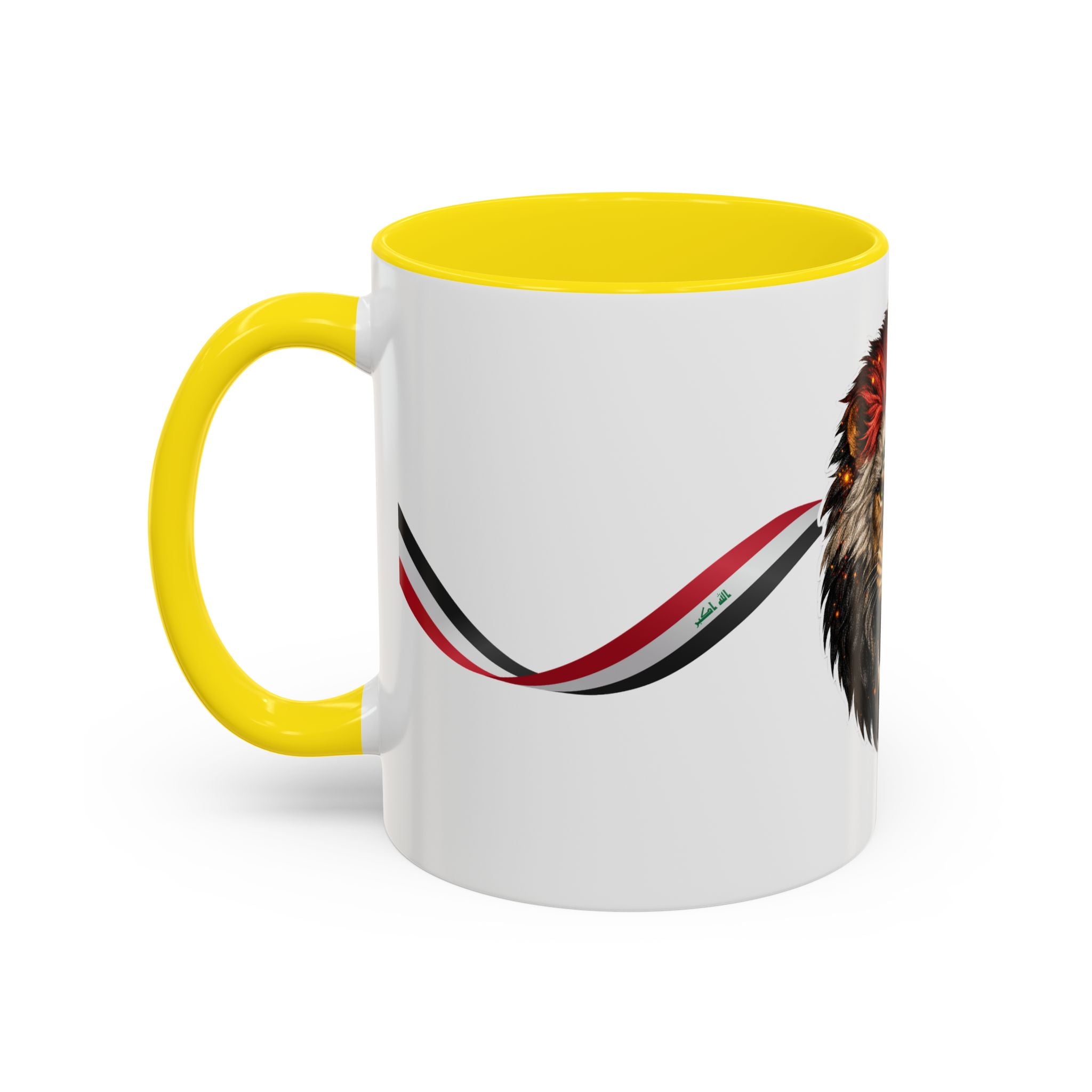 Iraq Lion Head Accent Coffee Mug with Arabic Script and Flag Ribbon – Patriotic Iraq Gift (11/15oz)