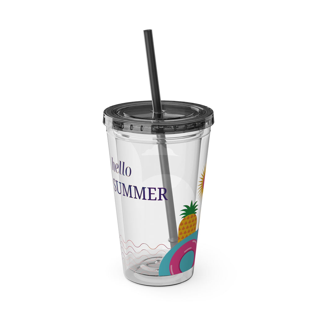 16oz Sunsplash Tumbler with Straw — "Hello Summer" Colorful Beach Vibes