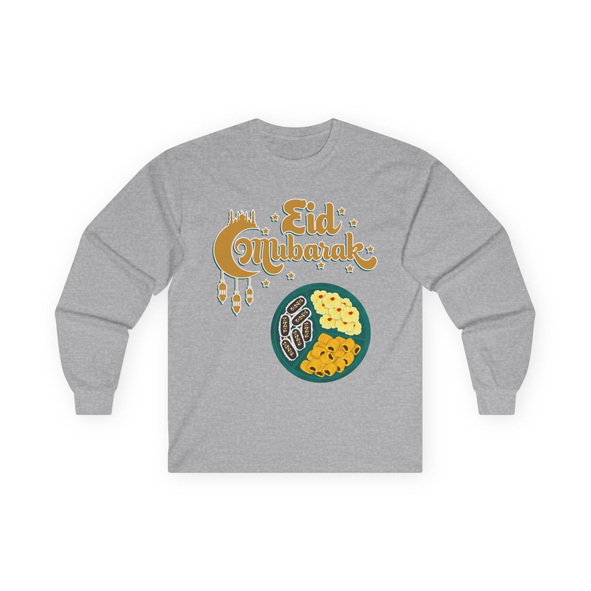 Eid Mubarak Long Sleeve Tee — Festive Ramadan Celebration Shirt with Dates & Sweets Design