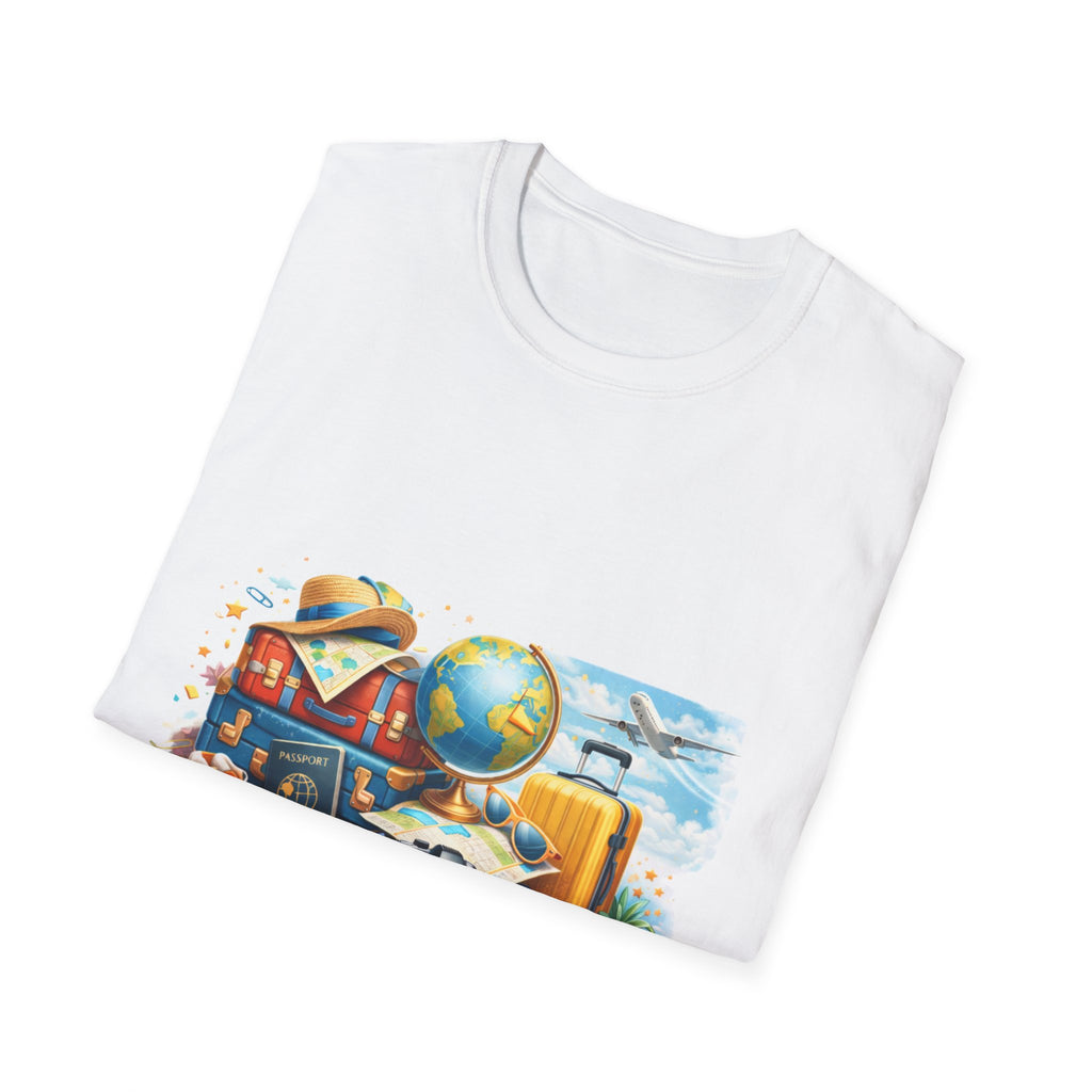 Travel Vibes T-Shirt — Retro Luggage, Globe & Camera Design