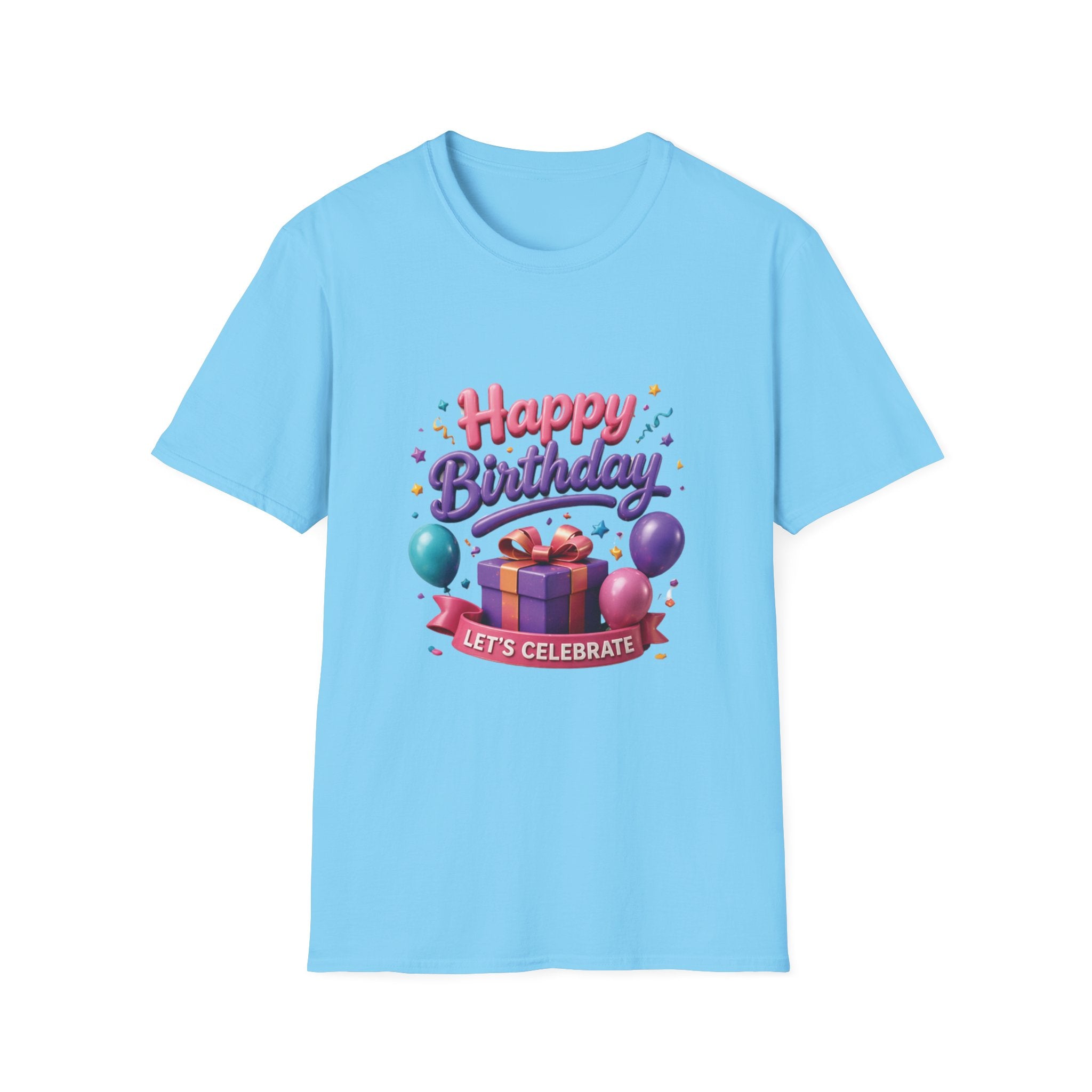 Birthday T-Shirt — "Happy Birthday" Gift Tee with Balloons & Present