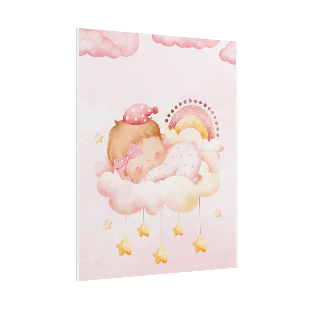 Baby Girl Nursery Poster – Sleeping Baby on Cloud Pink Wall Art