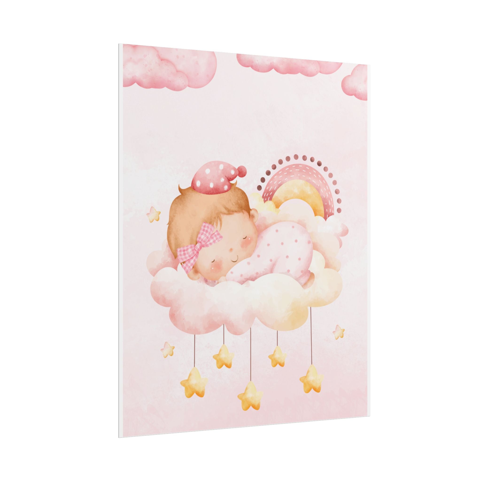 Baby Girl Nursery Poster – Sleeping Baby on Cloud Pink Wall Art