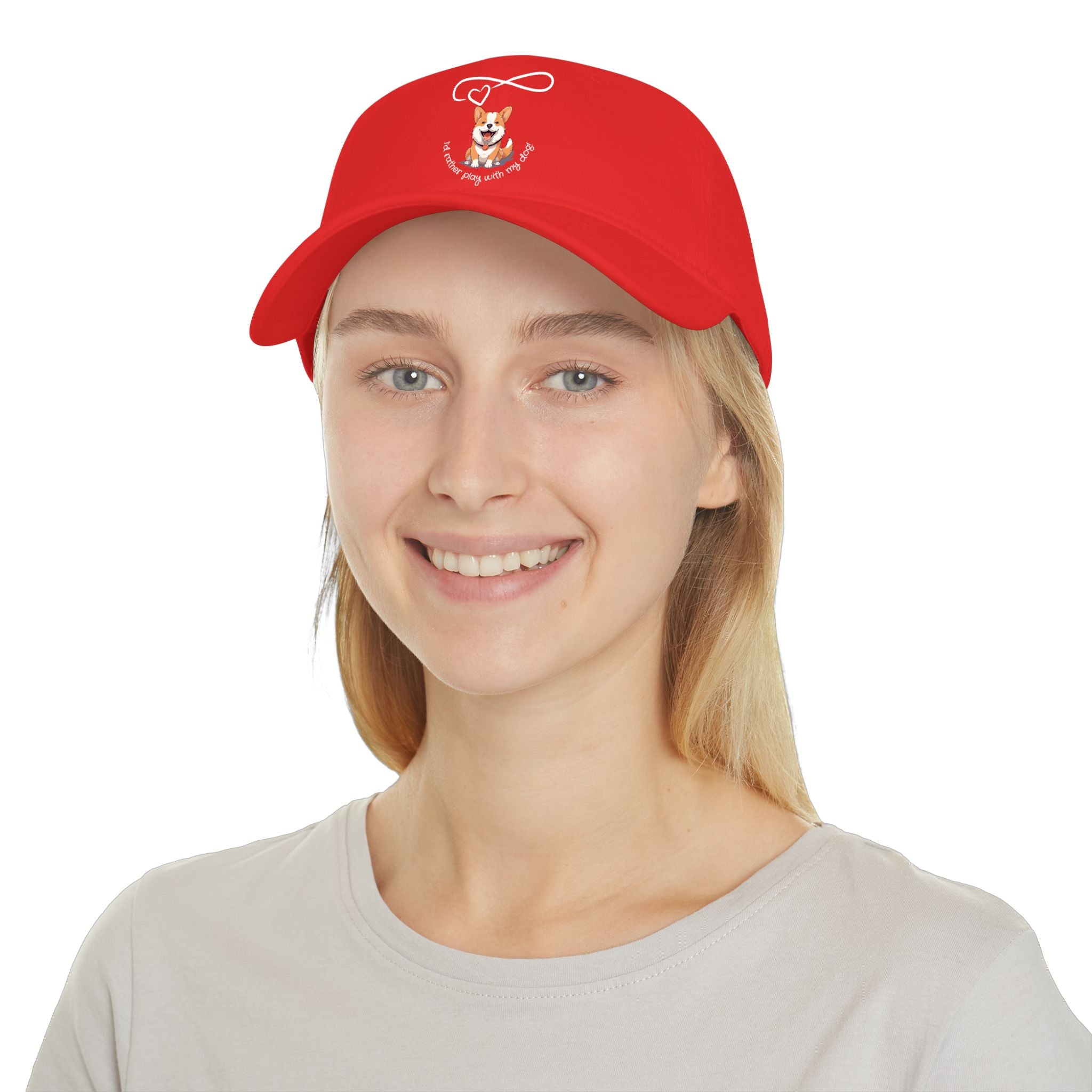 Corgi Pawprints Low Profile Baseball Cap — "My Rescue Dog Has My Heart" Red Cap
