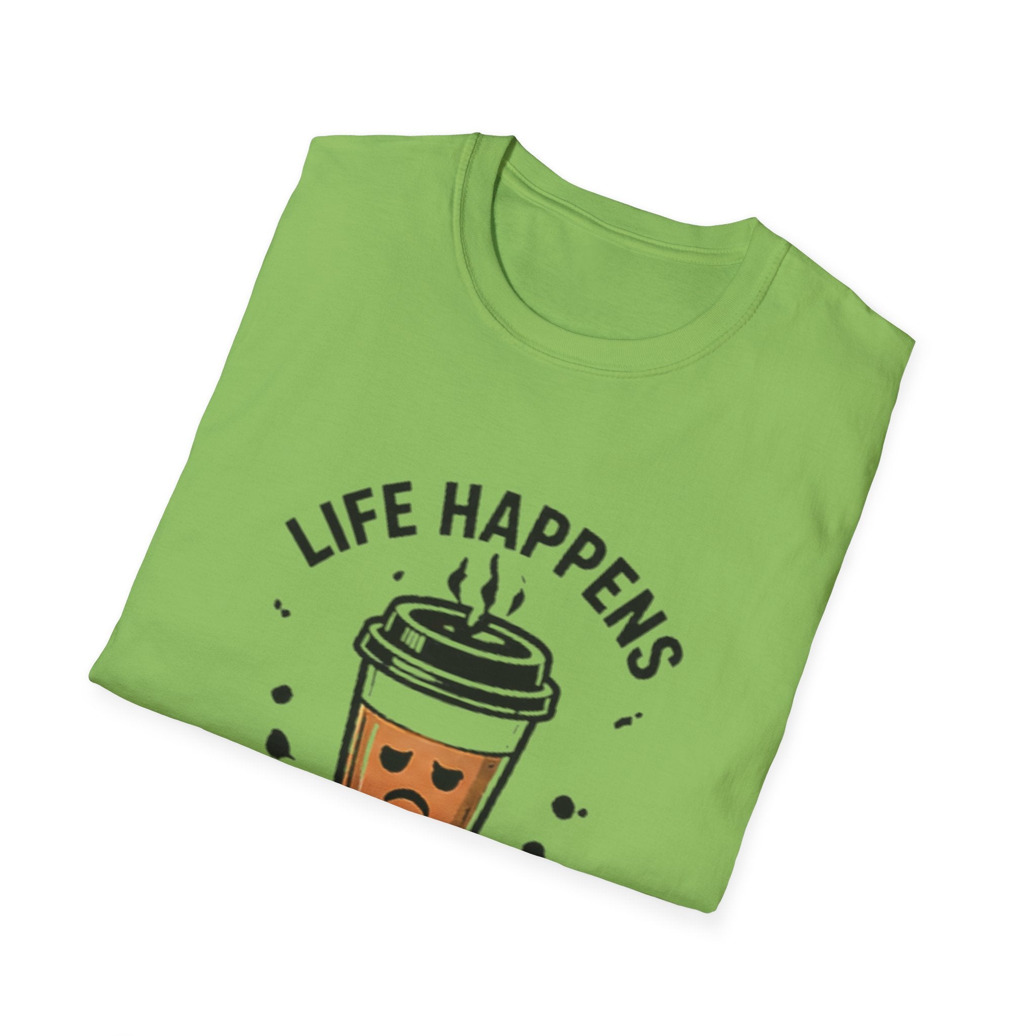Coffee Helps unisex T-Shirt — "Life Happens" Cute Coffee Cup Graphic Tee