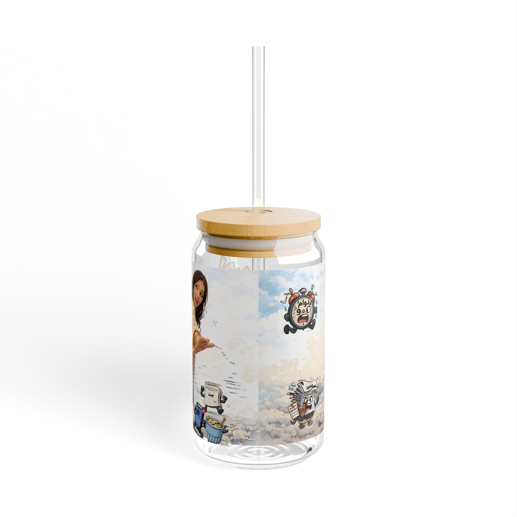 16oz Arabic Graphic Sipper Glass with Straw — Playful Cartoon Design