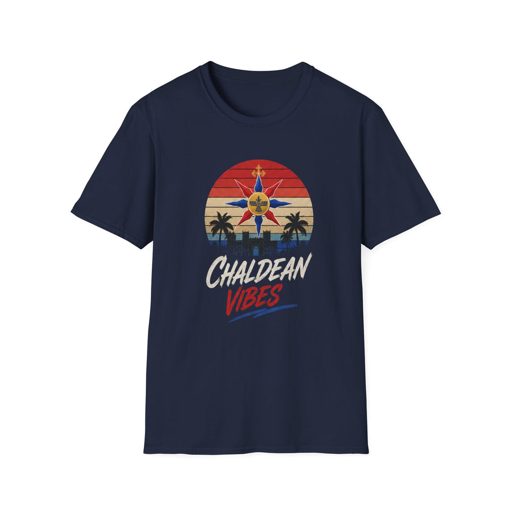 Chaldean Vibes Retro Sun T-Shirt – Assyrian Star & Palm Beach Tee