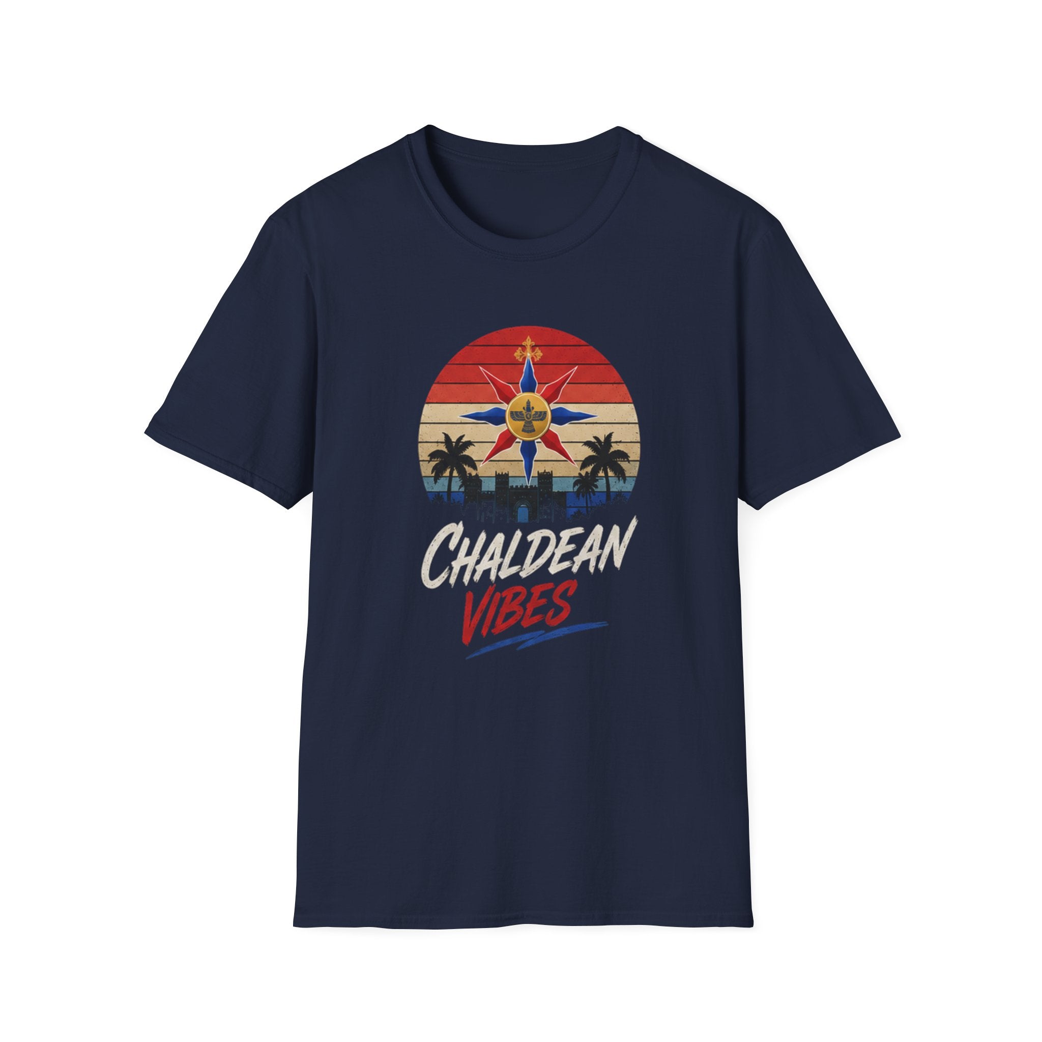 Chaldean Vibes Retro Sun T-Shirt – Assyrian Star & Palm Beach Tee