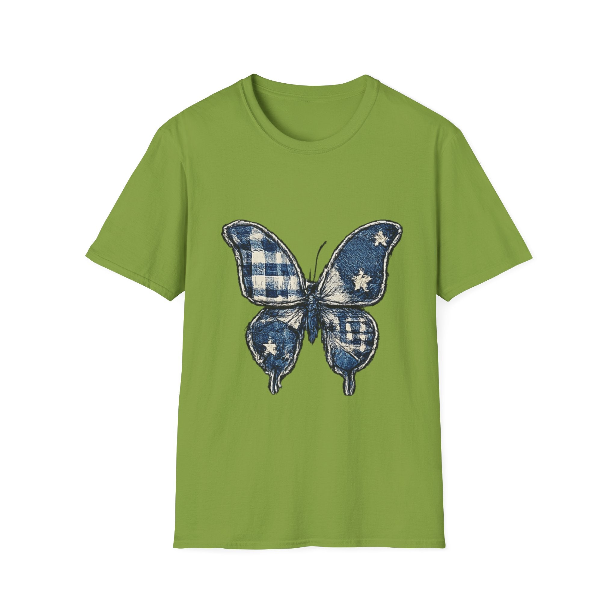 Butterfly Tee — Blue Plaid & Stars Graphic T-Shirt