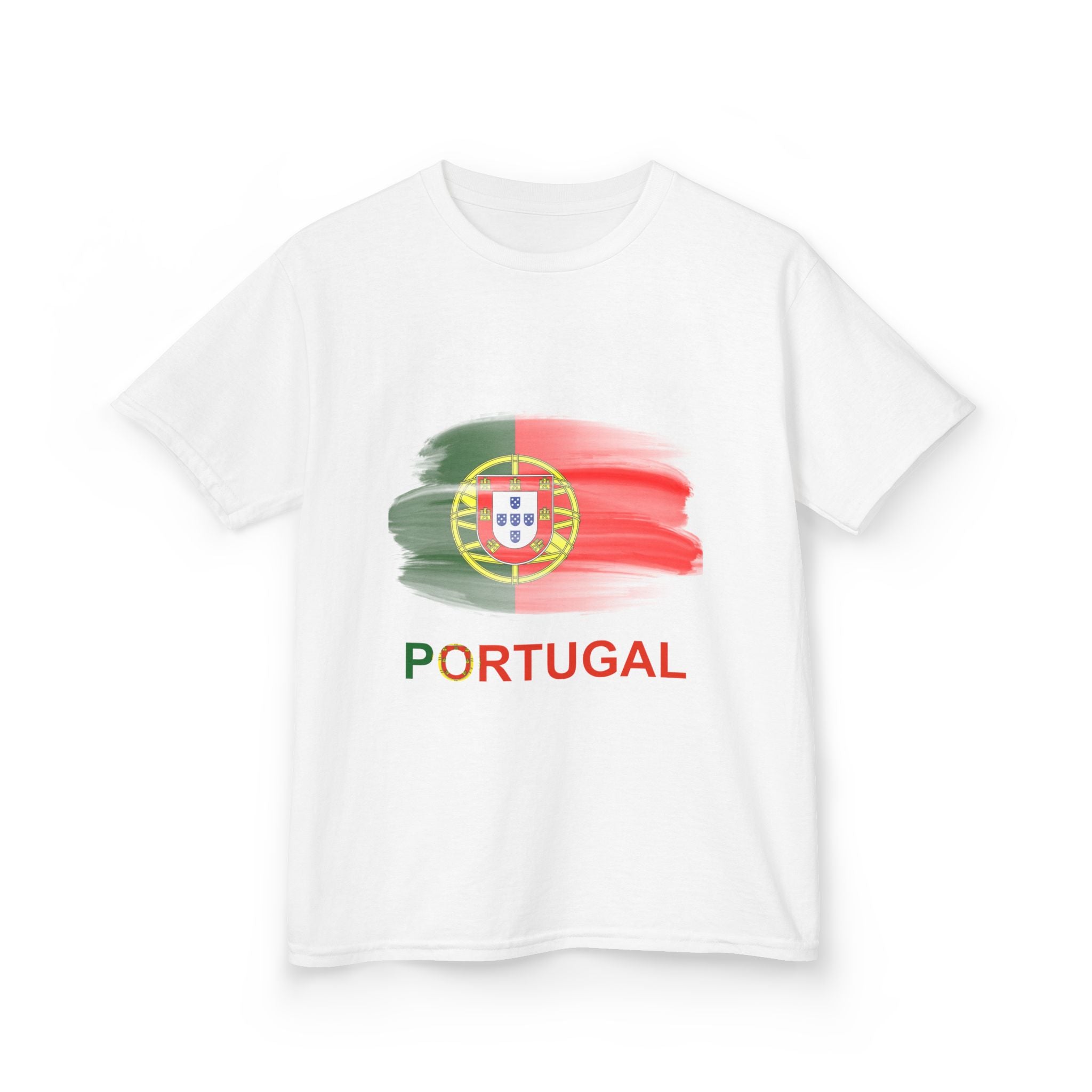 Portugal Kids T‑Shirt — Painted Flag Design (Front Crest, Back Crossed Flags)