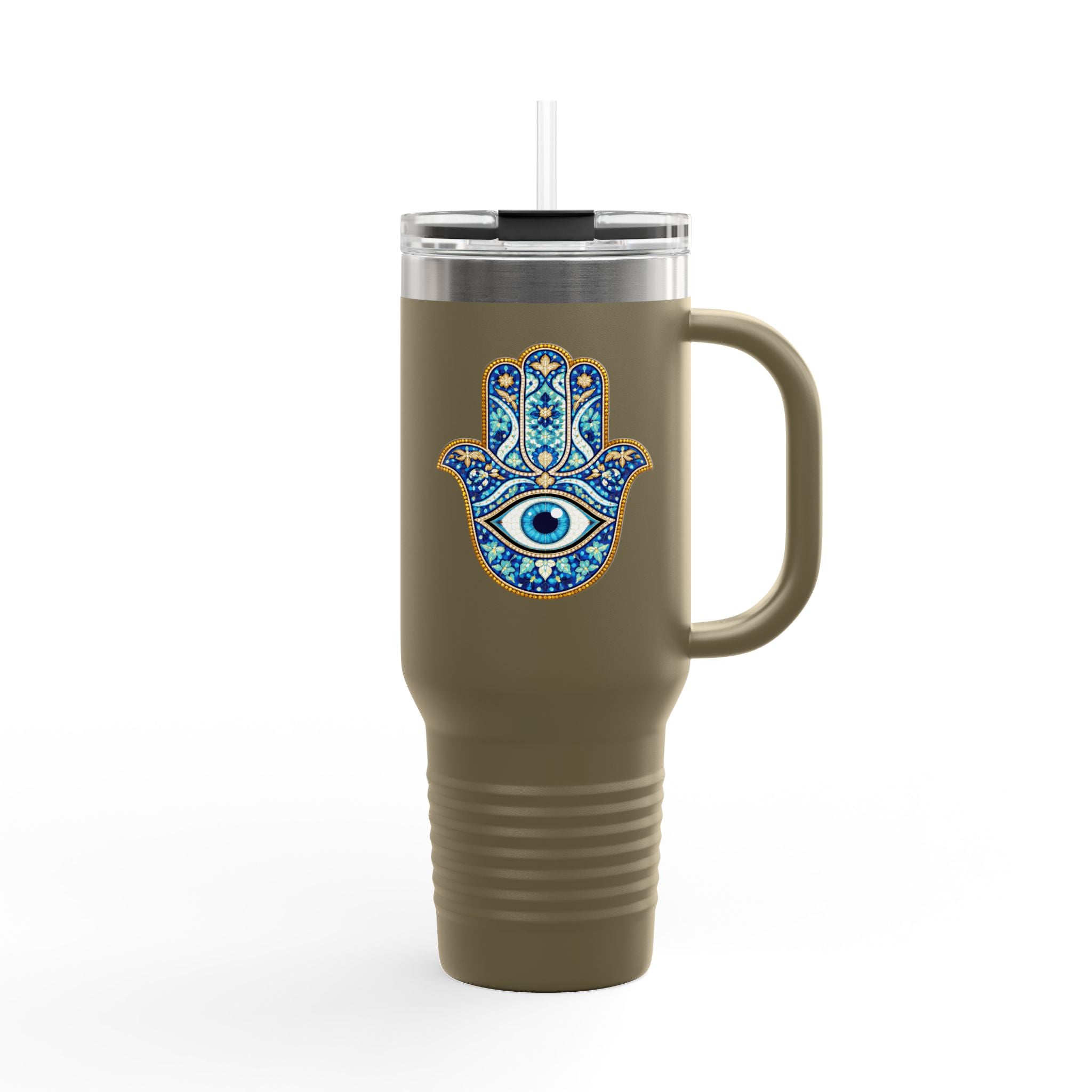 Hamsa Hand 40oz Insulated Travel Mug — Blue Evil Eye Tumbler