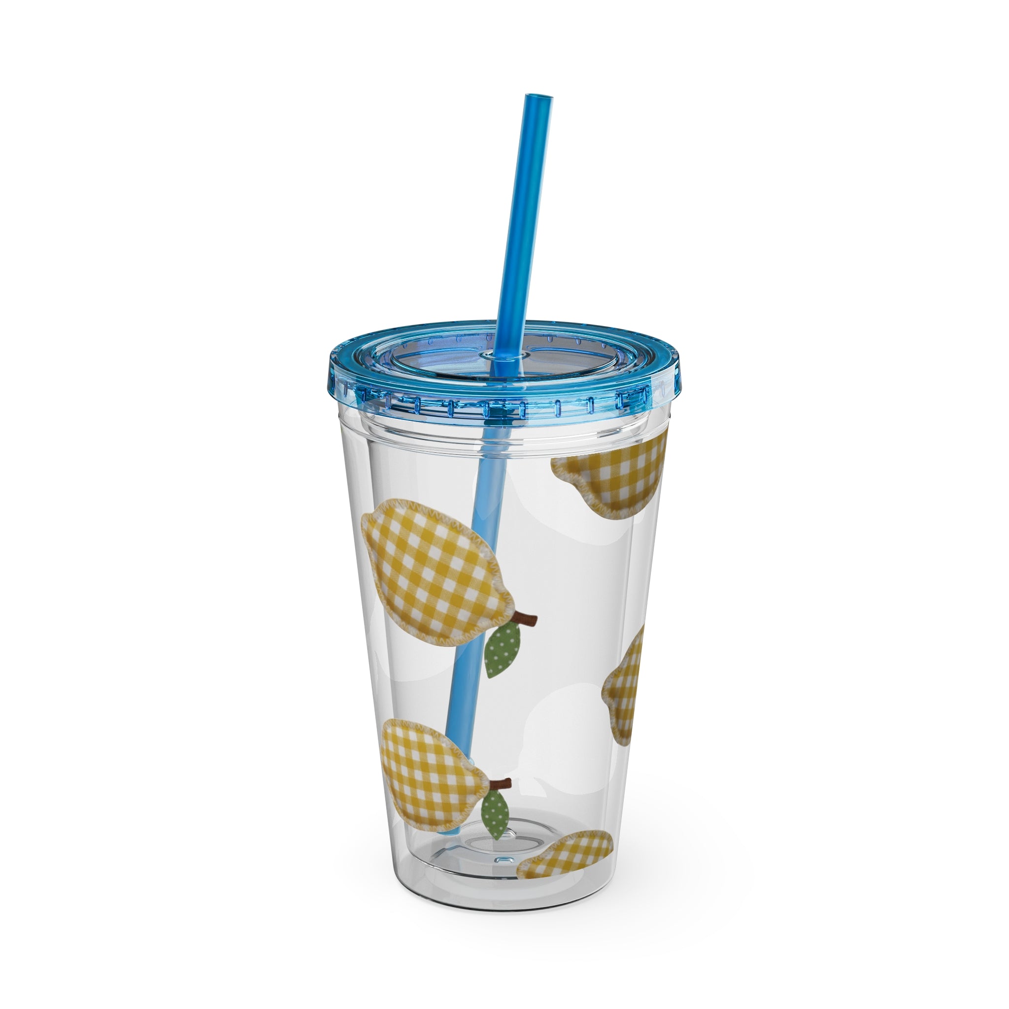 Gingham Pear Sunsplash Tumbler, 16oz Clear Travel Cup with Straw