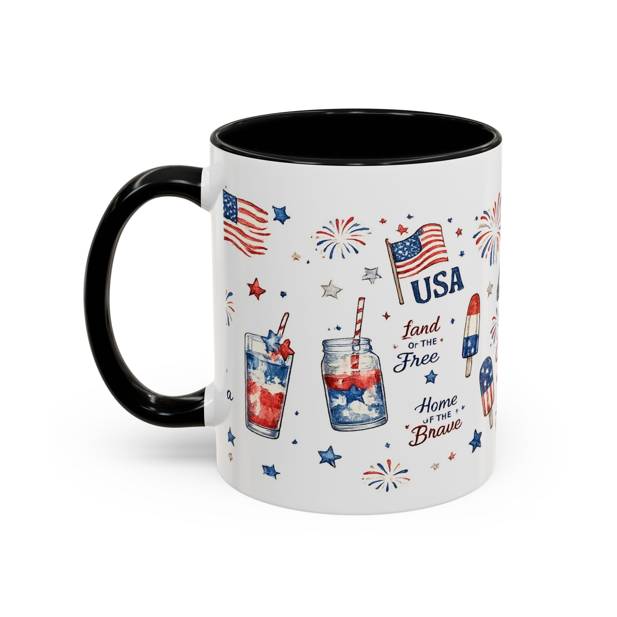 4th of July Accent Coffee Mug — Patriotic Fireworks & God Bless America Design (11oz)