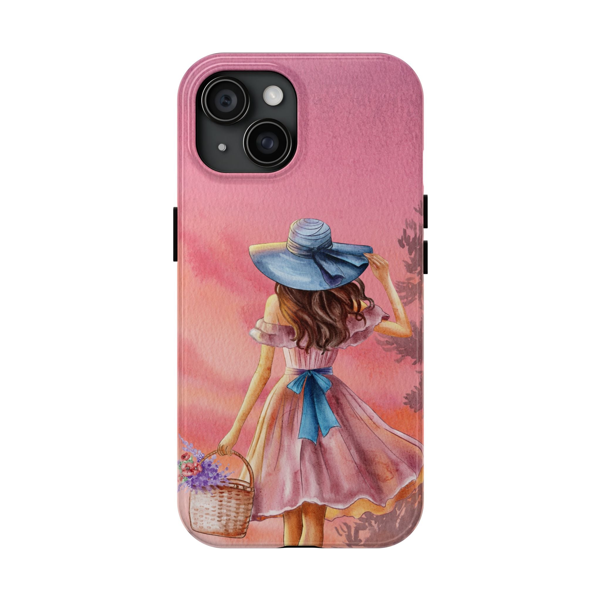 Pastel Picnic Girl Phone Case — Protective Tough Phone Case with Watercolor Sunset Design