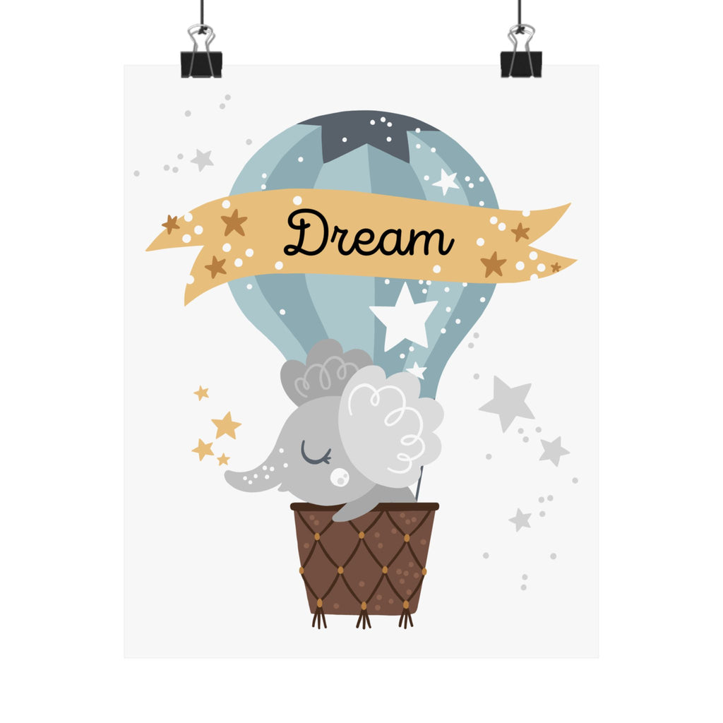 Dream Hot Air Balloon Elephant Poster — Nursery Matte Vertical Wall Art