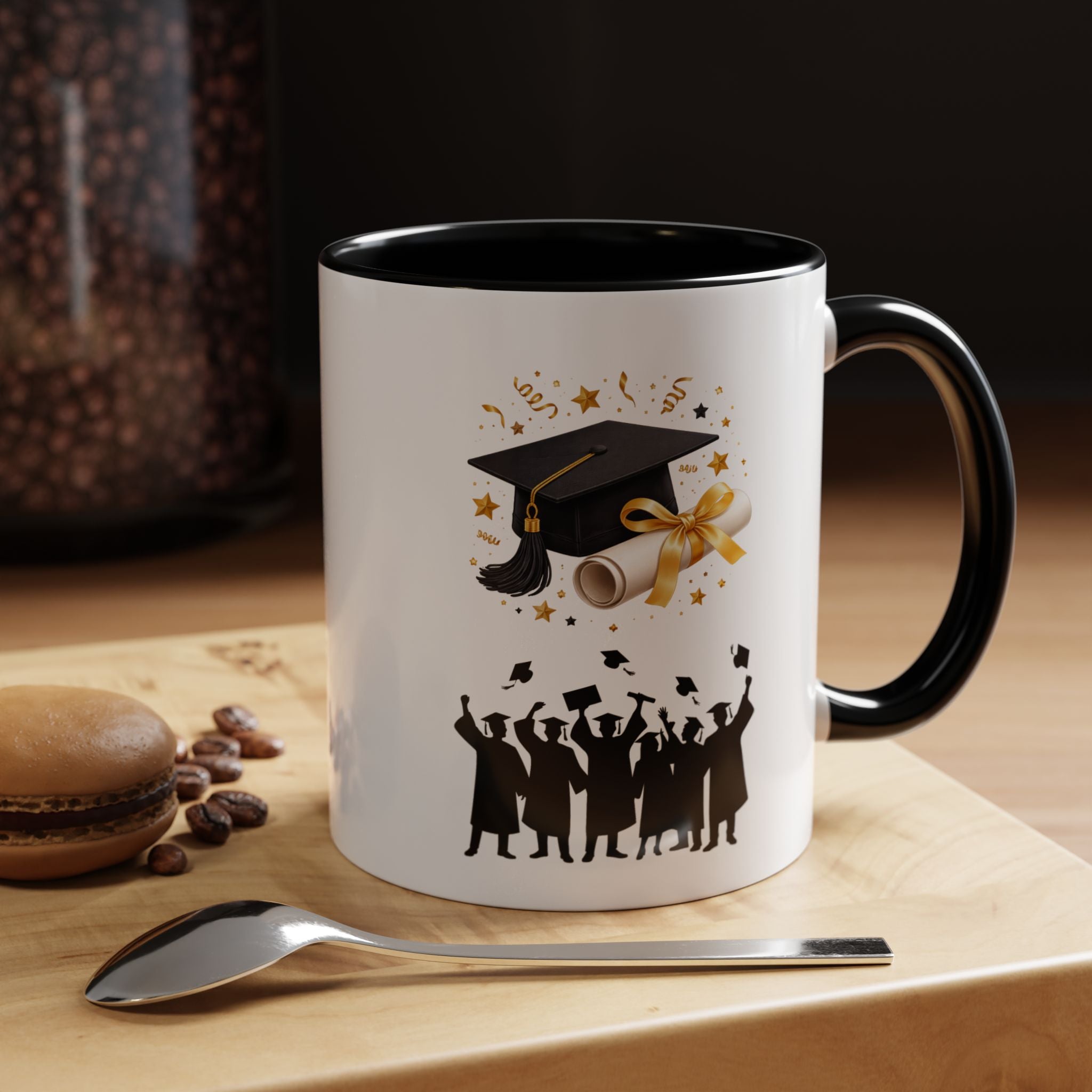 Graduation Celebration Coffee Mug — Cap, Diploma & Tossed Caps Design