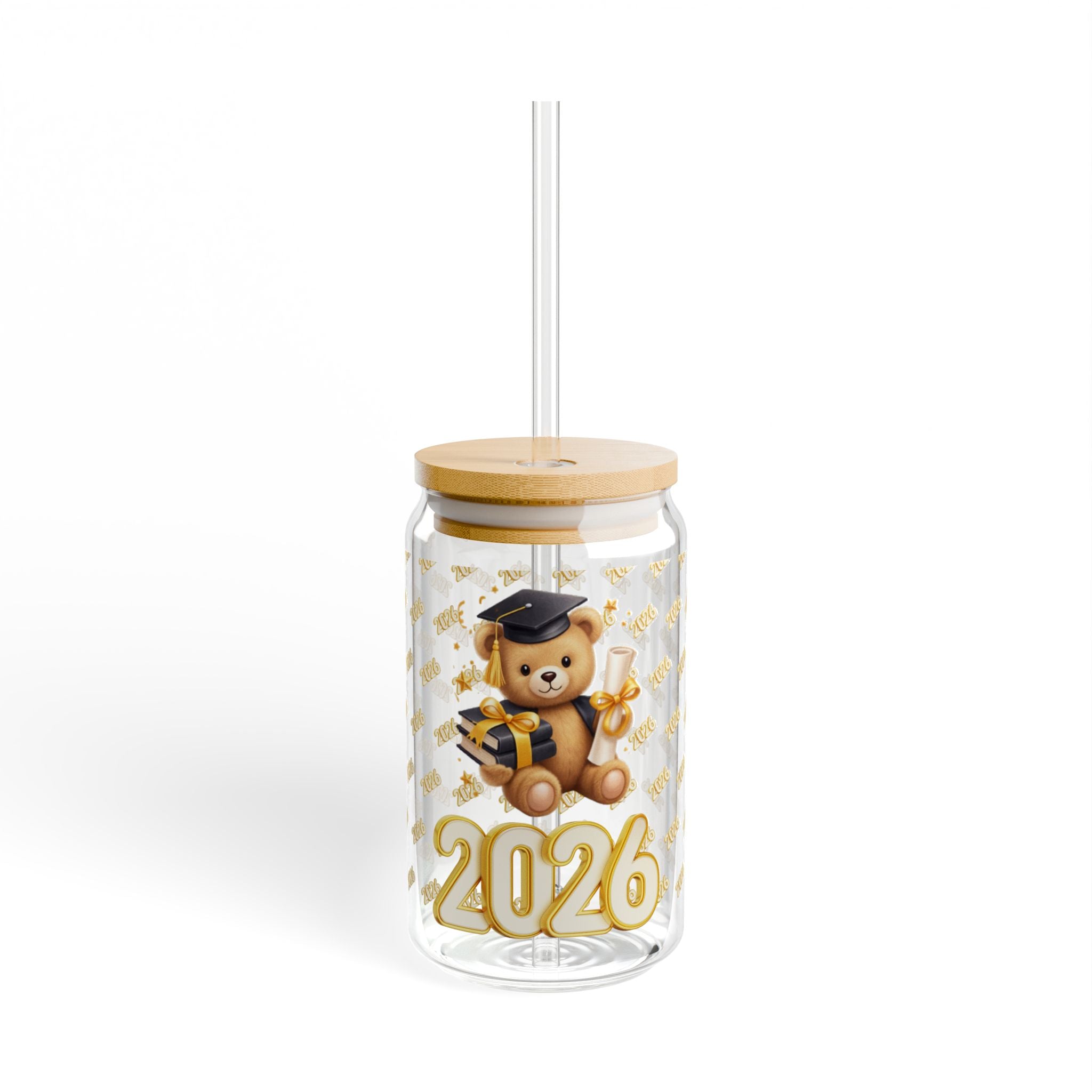 2026 Graduation Bear Sipper Glass – 16oz Cute Grad Keepsake Tumbler