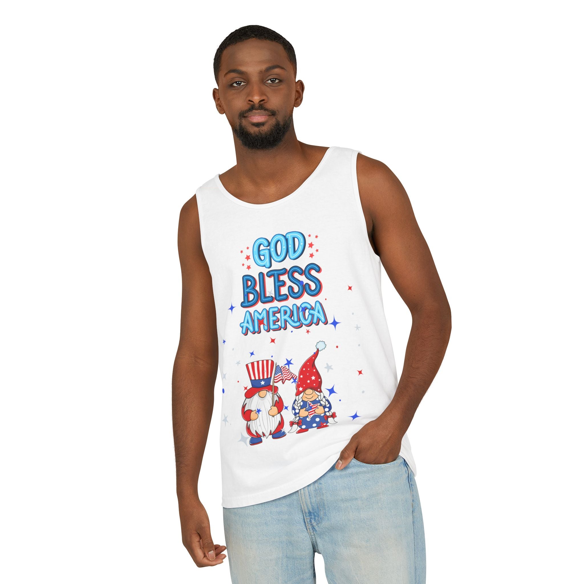 God Bless America Gnome Tank Top — Patriotic 4th of July Summer Shirt