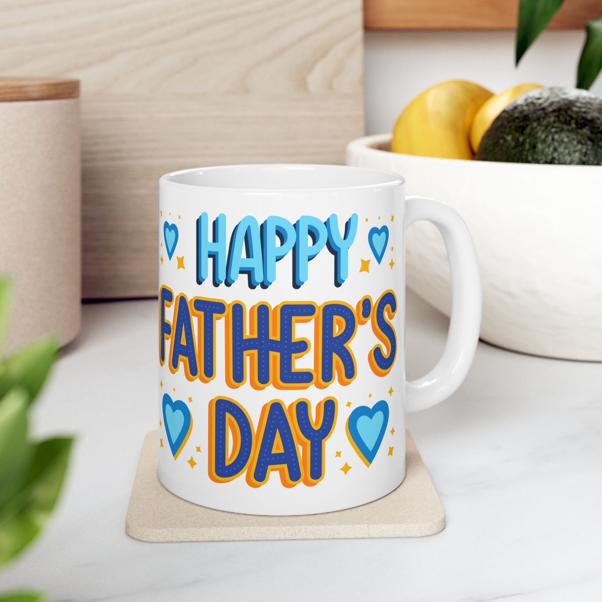 Father's Day Ceramic Mug – "Happy Father's Day" Blue Hearts Coffee Cup (11oz)