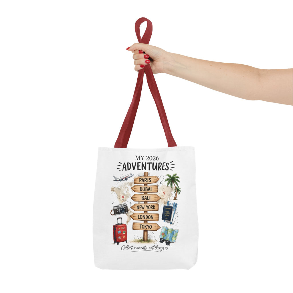 2026 Travel Adventures Tote Bag — 'My 2026 Adventures' World Cities Signpost Design
