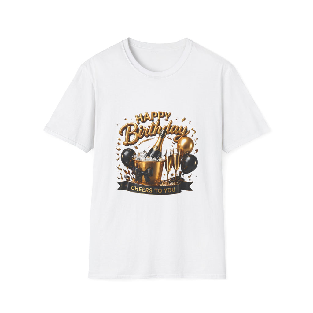 Birthday Cheers T-Shirt — "Happy Birthday" Champagne & Balloons Design