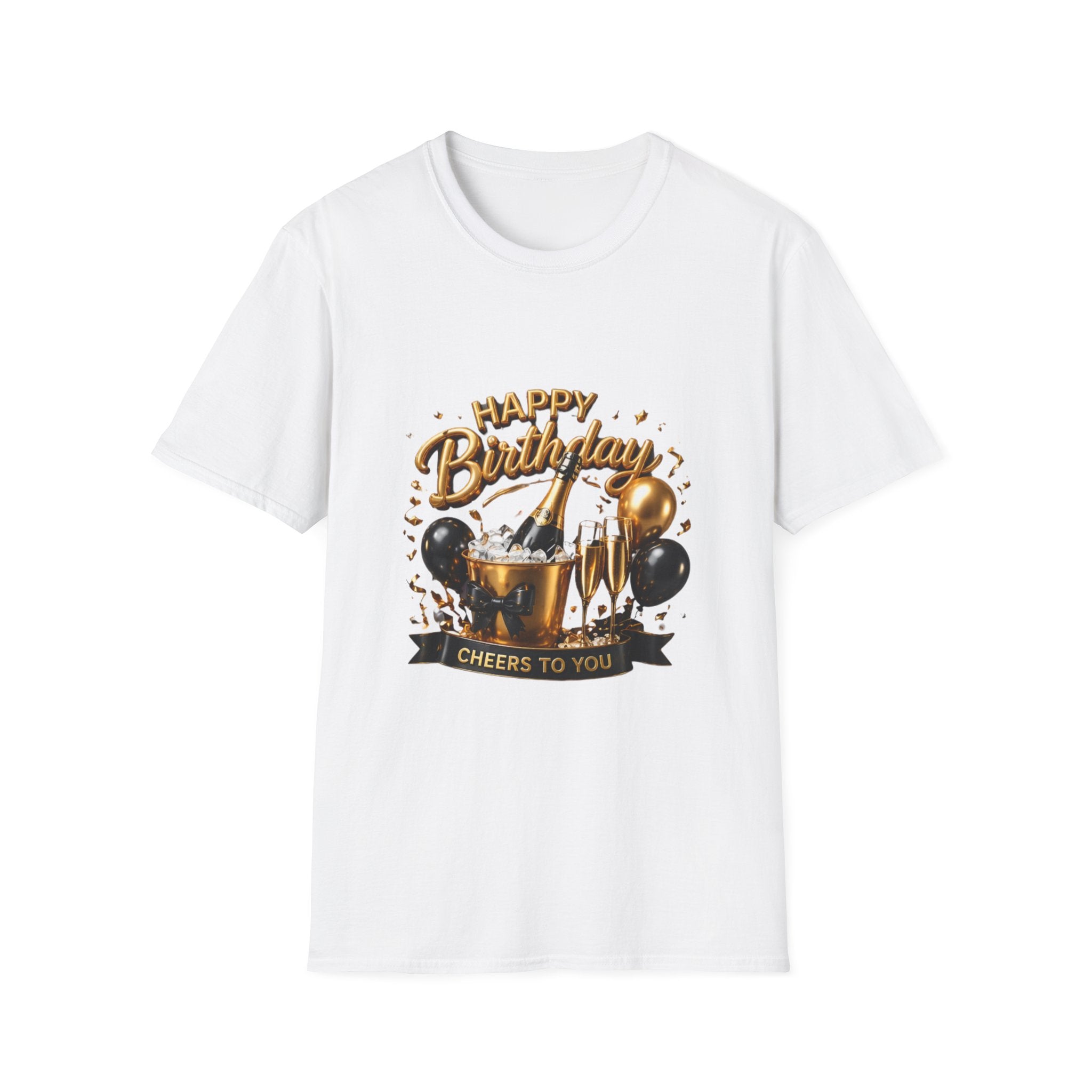 Birthday Cheers T-Shirt — "Happy Birthday" Champagne & Balloons Design
