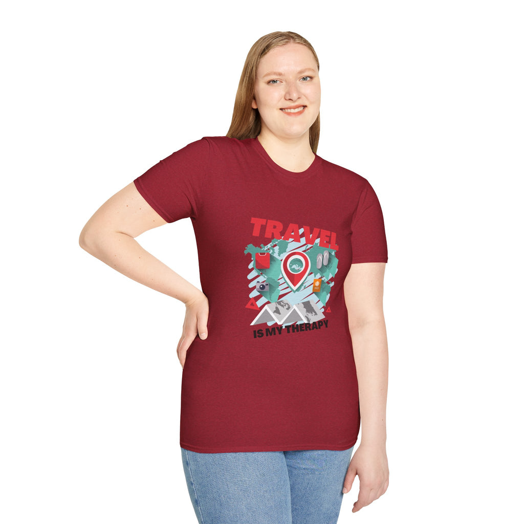 Travel Is My Therapy T-Shirt — Wanderlust Map Tee for Travelers & Adventure Lovers