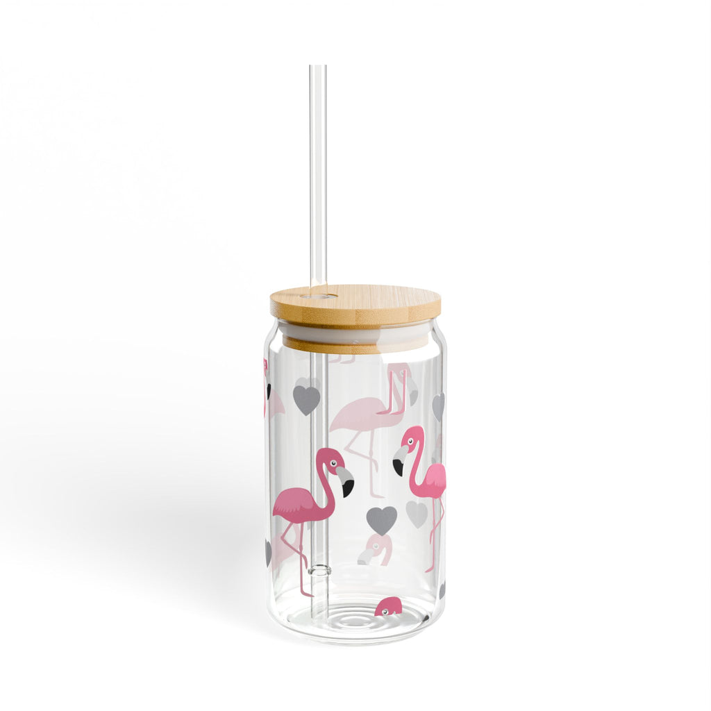 Flamingo Hearts Sipper Glass — 16oz Reusable Straw Tumbler